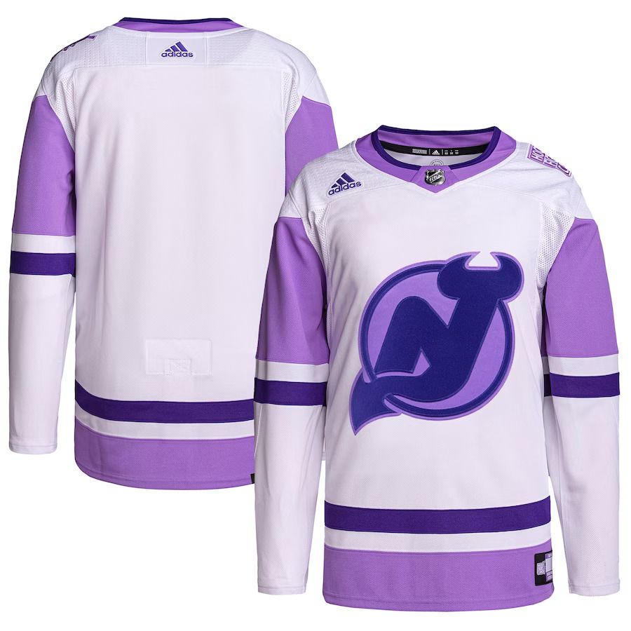 Men New Jersey Devils adidas White Purple Hockey Fights Cancer Primegreen Authentic Blank Practice NHL Jersey